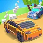 Två pixlade bilar kör på en kurvig väg omgivna av träd, med den främre bilen i orange och den bakomvarande i blått