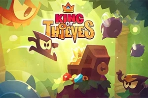 Tecknat landskap med skuggfigurer, en skattkista, och stora, färgglada bokstäver som säger King of Thieves