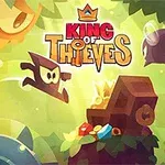 Tecknat landskap med skuggfigurer, en skattkista, och stora, färgglada bokstäver som säger King of Thieves