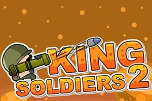 Tecknad soldat med hjälm och bazooka, samt texten King Soldiers 2 mot en brun bakgrund med prickar
