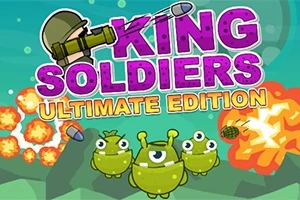 Tecknad bild med texten King Soldiers Ultimate Edition och gröna figurer framför en bakgrund med explosioner och missiler