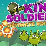 Tecknad bild med texten King Soldiers Ultimate Edition och gröna figurer framför en bakgrund med explosioner och missiler
