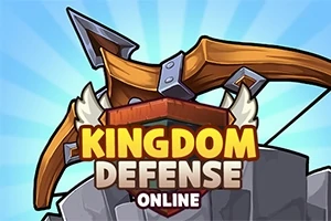 Tecknad bild av ett stort armborst ovanpå en stenmur med texten Kingdom Defense Online