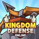 Tecknad bild av ett stort armborst ovanpå en stenmur med texten Kingdom Defense Online