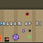 Pikselgrafik med texten Kingdom of Ninja 4, olika färgglada objekt, och en Level Up indikator i ett speltema