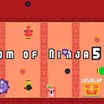 Pixelgrafik med texten Kingdom of Ninja 5 och färgglada ikoner på en röd bakgrund