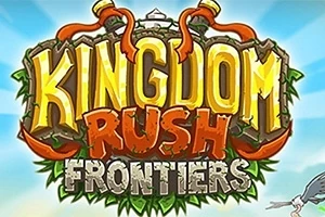 Kingdom Rush Frontiers Texten Kingdom Rush Frontiers i gula och orange bokstÀver mot en bakgrund med blÄ himmel och gröna blad