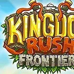 Kingdom Rush Frontiers Texten Kingdom Rush Frontiers i gula och orange bokstÀver mot en bakgrund med blÄ himmel och gröna blad