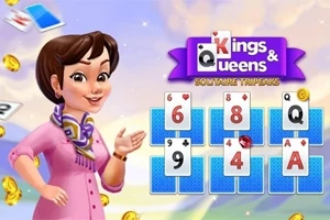 Kvinna i lila kläder bredvid spelkort och en skylt med texten Kings & Queens