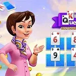 Kvinna i lila kläder bredvid spelkort och en skylt med texten Kings & Queens