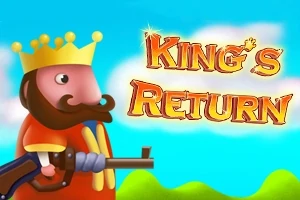 Tecknad kung med krona och gevär framför en himmel och gröna kullar, med texten Kings Return