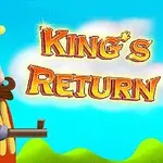 Tecknad kung med krona och gevär framför en himmel och gröna kullar, med texten Kings Return