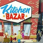 Flera tecknade figurer står framför en butiksfasad med skylten Kitchen Bazar