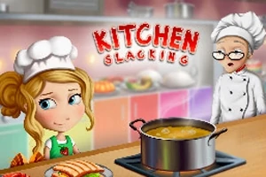Två tecknade kockar i ett färgglatt kök med en gryta på spisen och texten KITCHEN SLACKING i bakgrunden