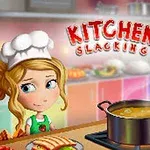 Två tecknade kockar i ett färgglatt kök med en gryta på spisen och texten KITCHEN SLACKING i bakgrunden
