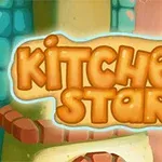 Tecknad illustration med texten Kitchen Star i stora, orange bokstäver mot en färgglad bakgrund med kökstema