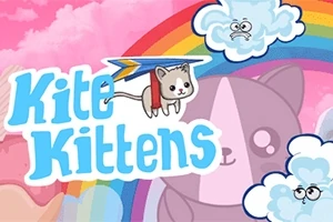 Katt med en drake vid en regnbåge och moln på en rosa bakgrund med texten Kite Kittens