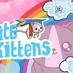 Katt med en drake vid en regnbåge och moln på en rosa bakgrund med texten Kite Kittens