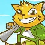 Tecknad katt med gevär i grön uniform mot bakgrund av blå himmel och grönt landskap