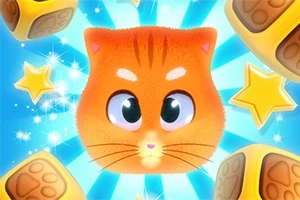 Tecknad bild av en orange katt med stora ögon, omgiven av gyllene stjärnor och tärningar mot en blå bakgrund