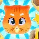 Tecknad bild av en orange katt med stora ögon, omgiven av gyllene stjärnor och tärningar mot en blå bakgrund