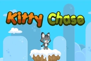 Tecknad katt står på ett snötäckt berg med texten Kitty Chase i bakgrunden mot en ljusblå himmel