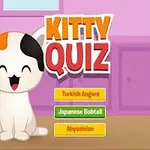 Tecknad glad katt med fläckig päls och stora ögon i ett kök med texten Kitty Quiz bredvid en lista med kattvardagsnamn