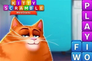 En tecknad, orange katt med avslappnat ansiktsuttryck bredvid färgglada bokstavsblock mot en blå bakgrund
