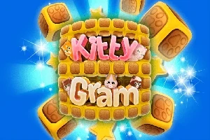 Texten Kitty Gram i pastellfärger med bakgrund av söta djur och stjärnor, mot en blå bakgrund