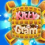 Texten Kitty Gram i pastellfärger med bakgrund av söta djur och stjärnor, mot en blå bakgrund