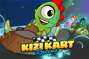 En grön tecknad figur med stora ögon kör en gokart med färgglada effekter i bakgrunden