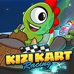 En grön tecknad figur med stora ögon kör en gokart med färgglada effekter i bakgrunden