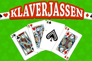 Fyra spelkort (klöver knekt, hjärter kung, spader ess, ruter dam) mot en grön bakgrund med texten Klaverjassen ovanför