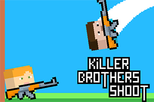 Två pixelerade figurer med gevär som skjuter, med en blå himmel och en grön mark som bakgrund, samt texten KILLER BROTHERS SHOOT