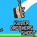 Två pixelerade figurer med gevär som skjuter, med en blå himmel och en grön mark som bakgrund, samt texten KILLER BROTHERS SHOOT