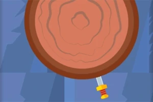 En illustration av en trästubbe med en liten dolk instucken nedtill, mot en blå bakgrund