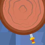 En illustration av en trästubbe med en liten dolk instucken nedtill, mot en blå bakgrund
