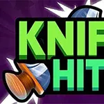 Texten Knife Hit 2 i grönt och rött med en kniv som sticker ut i bakgrunden mot en lila bakgrund
