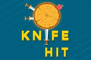 En träskiva med knivar instuckna och en röd äpple i övre högra hörnet, bakom texten KNIFE HIT i gul