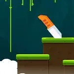 En tecknad kniv med orange handtag sitter fast på ett grönt block med en mörk bakgrund och hängande lianer