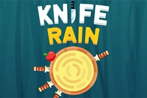 Träskiva med knivar som kastas mot den och ett äpple ovanpå, med texten KNIFE RAIN ovanför