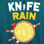 Träskiva med knivar som kastas mot den och ett äpple ovanpå, med texten KNIFE RAIN ovanför
