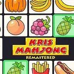 Ett rutnät med olika tecknade frukter och föremål, med texten Kris Mahjong Remastered i mitten