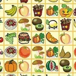 Bild med rutnät som innehåller olika tecknade matbilder som frukt, grönsaker, snabbmat och desserter