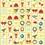Julmotiv med ikoner som snögubbar, julgranar, kransar, och juldekorationer i ett rutnätmönster
