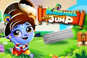 En tecknad blå karaktär med stora ögon springer glatt på en grönskande äng med en öppen kruka över huvudet och färgglada text Krishna Jump i bakgrunden
