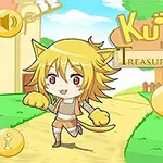 Chibi-animefigur med guldfärgat hår och kattöron står på en stig i en tecknad landskapsmiljö med ikoner för ljud och start