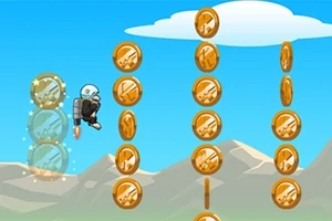 En karaktär med en jetpack samlar in mynt mot en bakgrund av blå himmel och berg