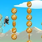 En karaktär med en jetpack samlar in mynt mot en bakgrund av blå himmel och berg