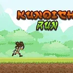 En tecknad karaktär springer i en grönskande skog med ordet Kunoichi Run i färgglad text ovanför